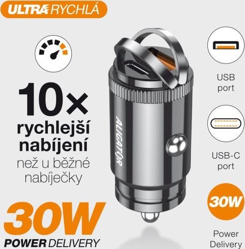 ALIGATOR chytrá mini nabíječka do auta Power Delivery 30W, USB-C + USB-A, černá