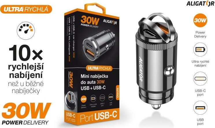 ALIGATOR chytrá mini nabíječka do auta Power Delivery 30W, USB-C + USB-A, černá