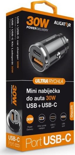 ALIGATOR chytrá mini nabíječka do auta Power Delivery 30W, USB-C + USB-A, černá