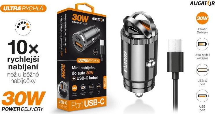 ALIGATOR chytrá mini nabíječka do auta Power Delivery 30W, USB-C + USB-A, kabel USB-C/USB-C, černá