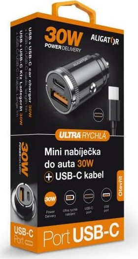 ALIGATOR chytrá mini nabíječka do auta Power Delivery 30W, USB-C + USB-A, kabel USB-C/USB-C, černá