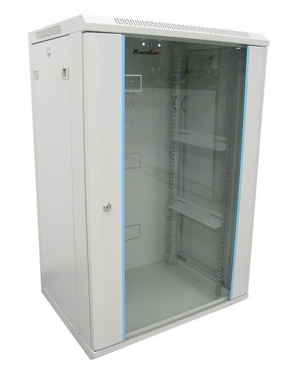 XtendLan 19" nástěnný rozvaděč 18U 600x600, nosnost 60 kg, skleněné kouřové dveře, rozložený, šedý