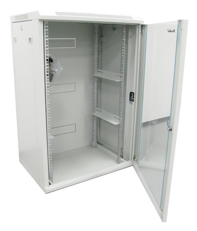XtendLan 19" nástěnný rozvaděč 18U 600x600, nosnost 60 kg, skleněné kouřové dveře, rozložený, šedý