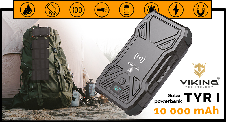 Viking solární outdoorová powerbanka TYR I 10000 mAh, bezdrátové nabíjení