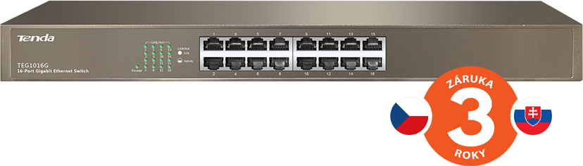 Tenda TEG1016G 16-Port Gigabit Ethernet Switch, 10/100/1000 Mb/s, Rackmount