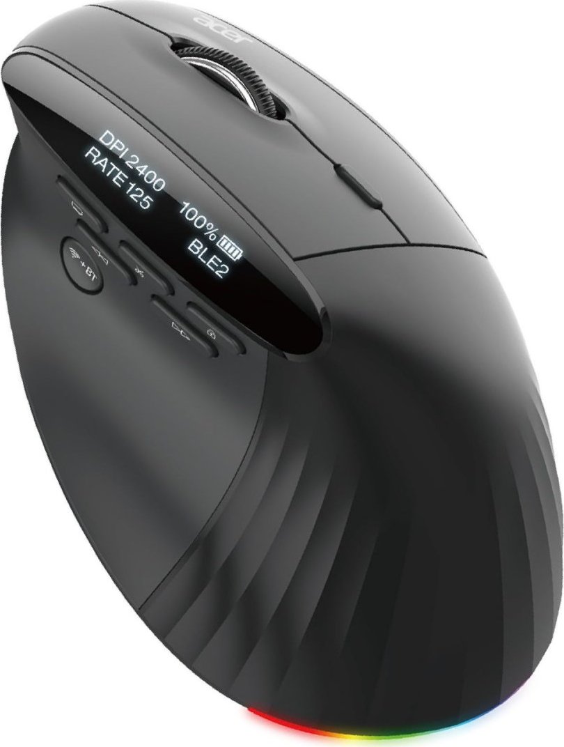 ACER bezdrátová myš Smart Fit Vertical Mouse,8000 dpi,10 tlačítek,RGB,10m dosah,BT,USB,výdrž 120h,Black