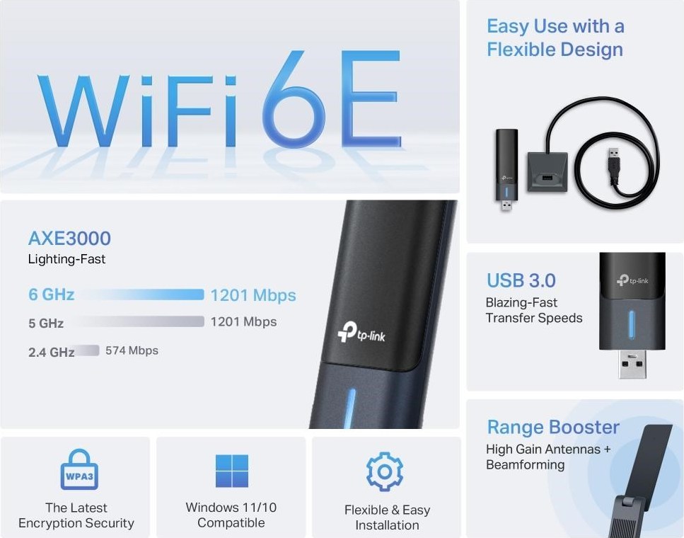 TP-Link Archer TXE50UH WiFi6E USB adapter (AXE3000,2,4GHz/5GHz/6GHz)