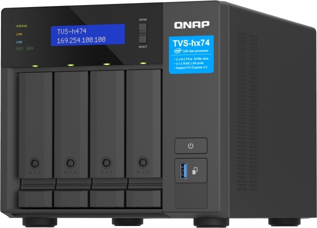QNAP TVS-h474-PT-8G (2core 3,7GHz, ZFS, 8GB RAM, 4x SATA, 2x M.2 NVMe, 2x PCIe, 2x 2,5GbE, 1x HDMI)