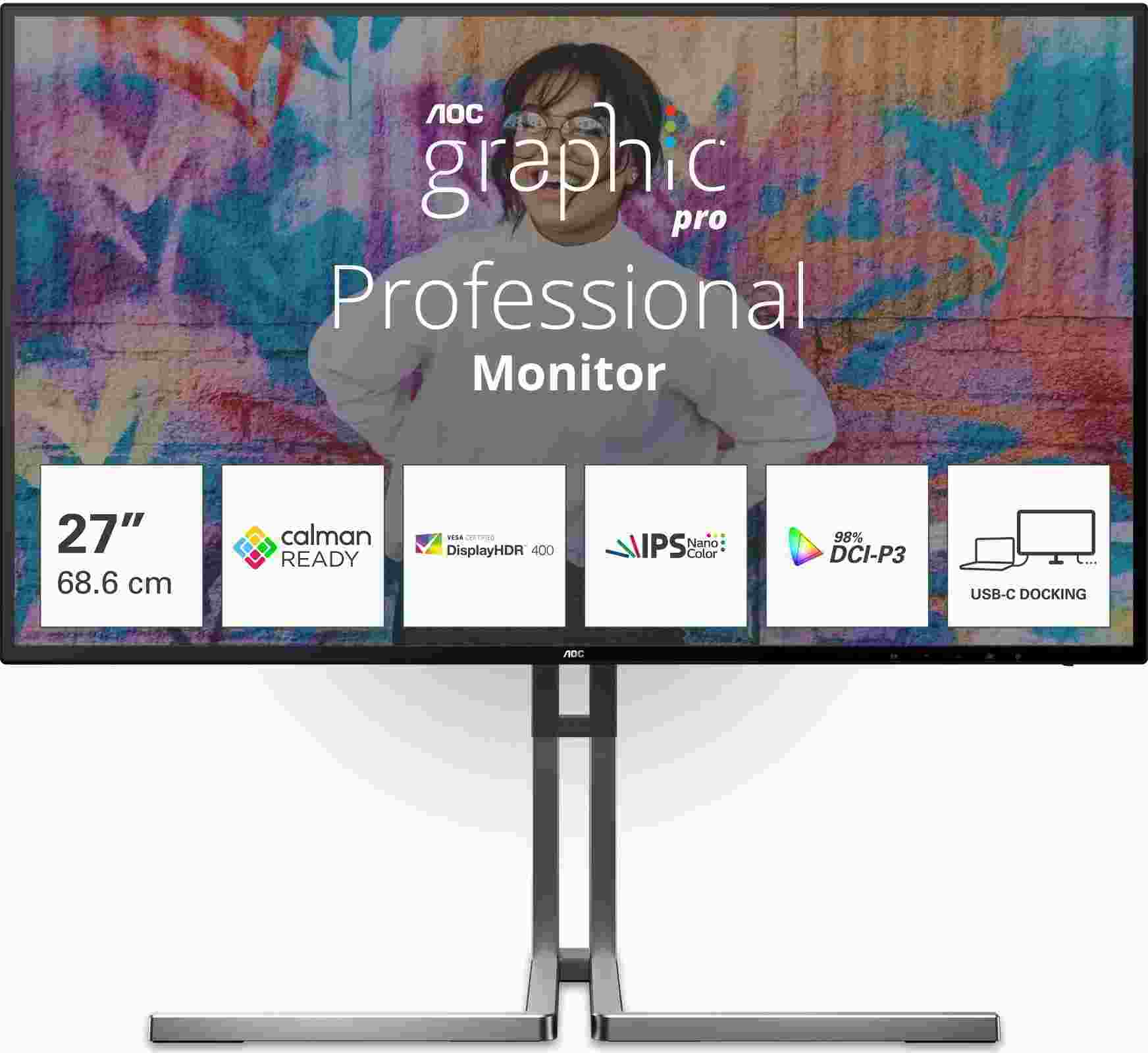 AOC MT IPS LCD WLED 27" U27U3CV - IPS nano color, 3840x2160, HDMI, DP, USB-C, USB 3.2, RJ45, pivot, repro