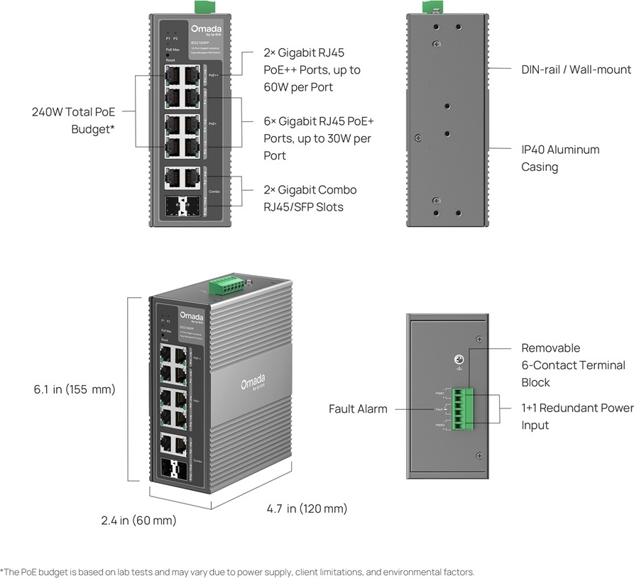 TP-Link OMADA průmyslový switch IES210GPP (8xGbE,2xGbE/SFPcombo,6xPoE+,2xPoE++,240W,DIN,IP40,fanless)