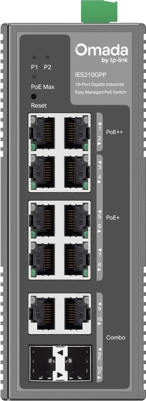 TP-Link OMADA průmyslový switch IES210GPP (8xGbE,2xGbE/SFPcombo,6xPoE+,2xPoE++,240W,DIN,IP40,fanless)