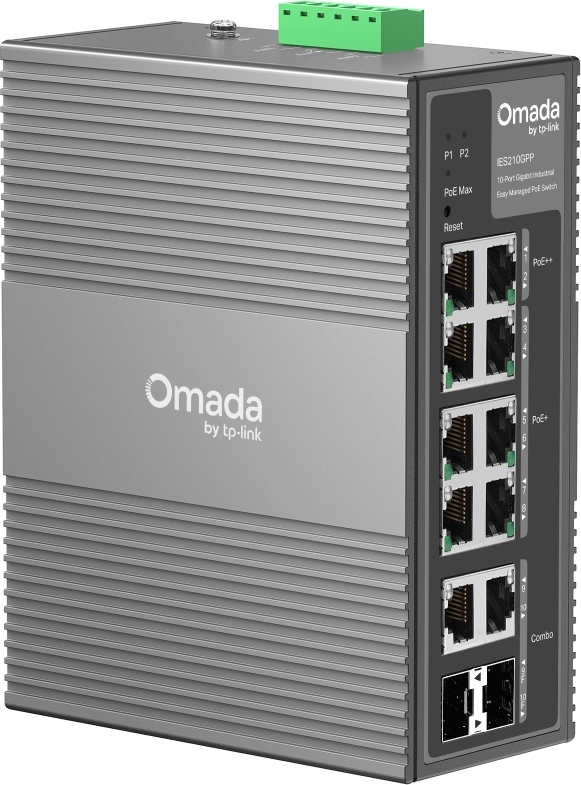 TP-Link OMADA průmyslový switch IES210GPP (8xGbE,2xGbE/SFPcombo,6xPoE+,2xPoE++,240W,DIN,IP40,fanless)