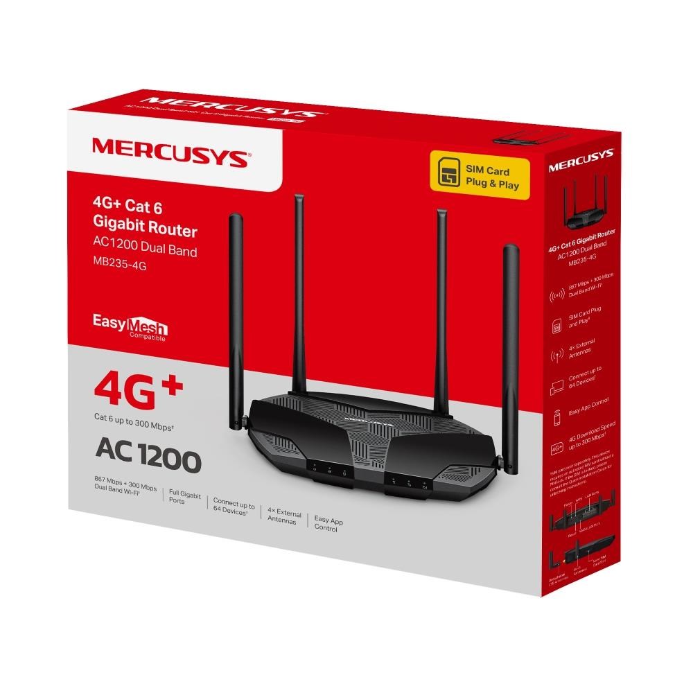 TP-LINK Mercusys MB235-4G WiFi5 EasyMesh router (AC1200, 4G LTE Cat6, 2,4GHz/5GHz,1xGbE LAN/WAN,3xGbE LAN,1xnanoSIM)