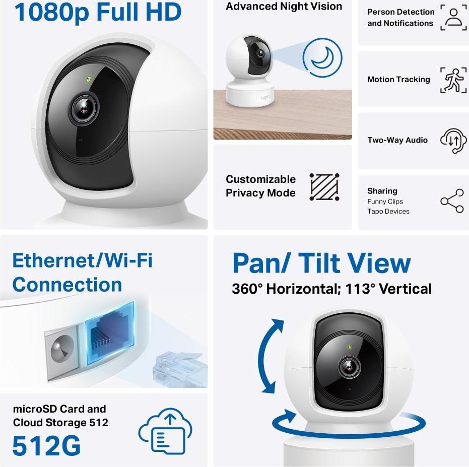 TP-Link Tapo C202 domácí/indoor kamera, (2MP, Full HD 1080p, IR 12m, WiFi, 1x100Mb/s, microSD)