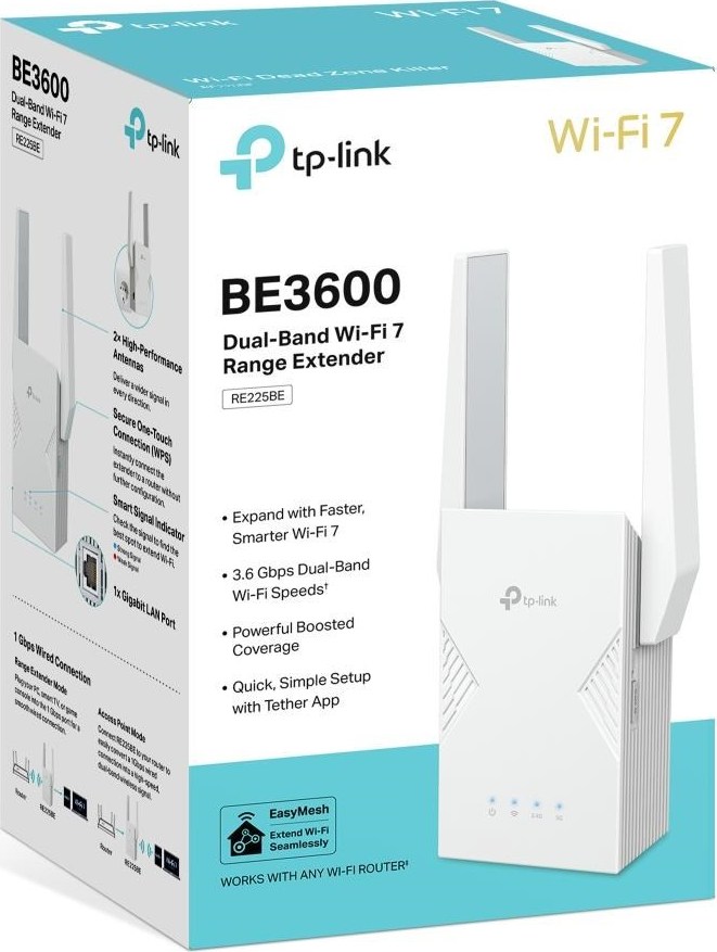TP-Link RE225BE EasyMesh WiFi7 Extender/Repeater (BE3600,2,4GHz/5GHz,1xGbE)