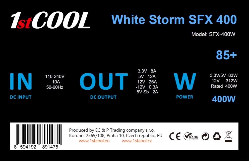 1stCOOL Zdroj White Storm SFX 400 85+, 400W, SFX, černá