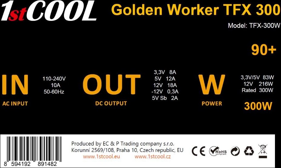 1stCOOL Zdroj Golden Worker TFX 300 88+, 300W, TFX, černá