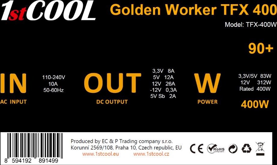 1stCOOL Zdroj Golden Worker TFX 400 88+, 400W, TFX, černá