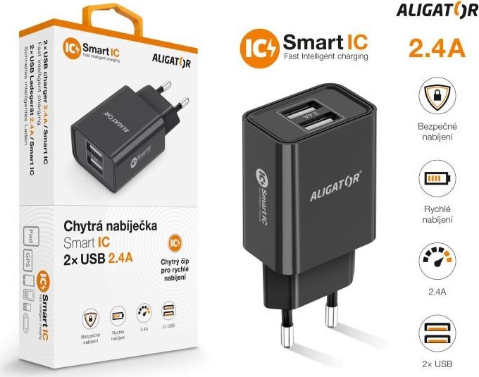 Aligator síťová nabíječka, 2x USB, smart IC, 2,4 A, černá