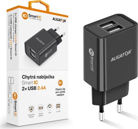 Aligator síťová nabíječka, 2x USB, smart IC, 2,4 A, černá