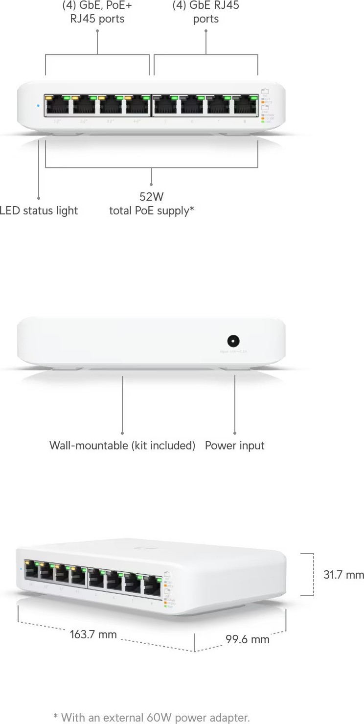 Ubiquiti UBNT UniFi Switch USW-Lite-8-PoE [8xGigabit, 4x PoE out 52W, 802.3at/af, 16Gbps]