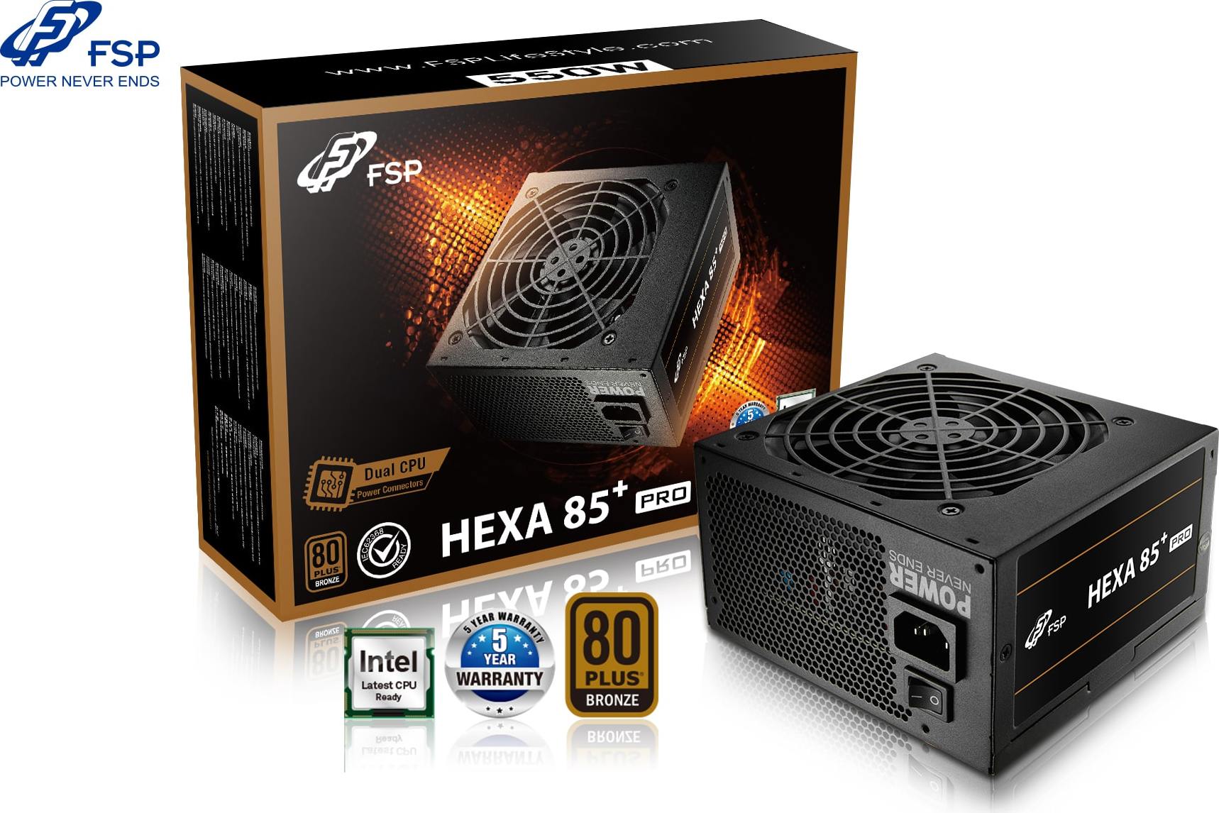 Napájací zdroj Fortron 550W HEXA 85+ PRO 550, plný rozsah, ATX, Bronze, DC/DC