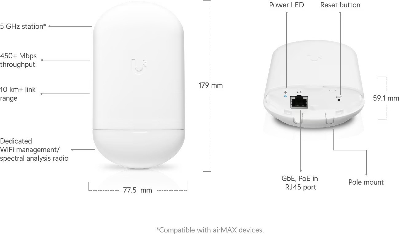 Ubiquiti UBNT airMAX NanoStation 5AC Loco (NS-5ACL), bez PoE adaptéra [5GHz, 2x2MIMO, 13dBi anténa, Client/AP/Repeater, 802.11ac]