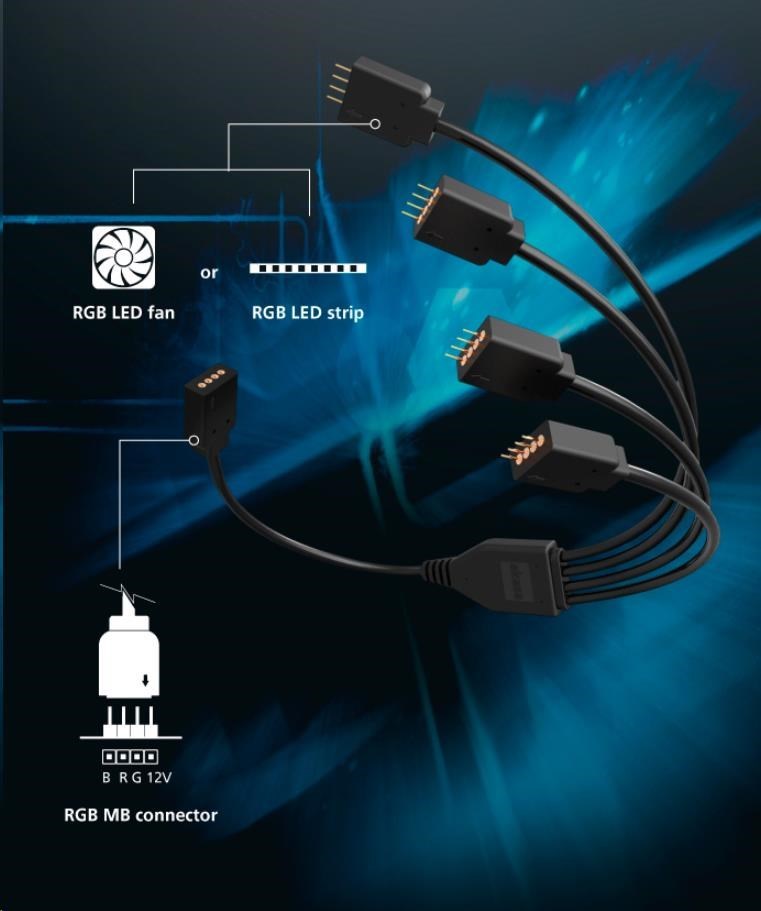 AKASA RGB LED rozbočovač a predlžovací kábel, 1x samica, 4x samec, 50 cm