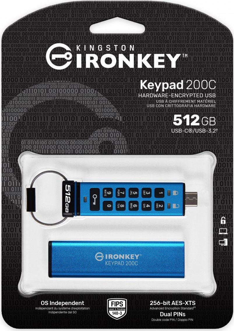 Kingston Flash Disk IronKey 512GB USB-C IronKey Keypad 200C, FIPS 140-3 Lvl 3 (Pending) AES-256