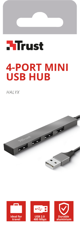 TRUST HALYX Hub, hliníkový 4-portový mini USB hub, 10 cm