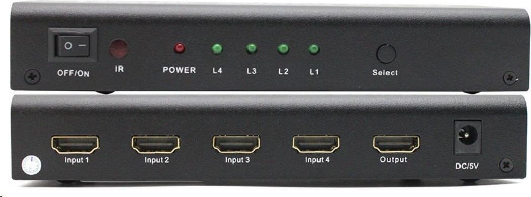 PREMIUMCORD HDMI prepínač 4:1 kovový s diaľkovým ovládaním a napájacím adaptérom