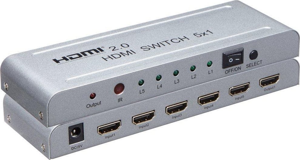 PremiumCord 4Kx2K@60Hz HDMI prepínač 5:1 kovový s diaľkovým ovládaním a napájacím adaptérom
