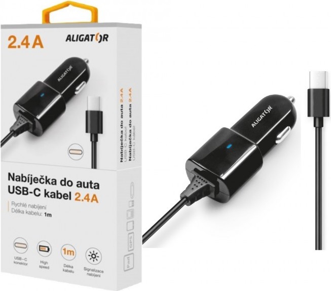 Aligator nab. do auta USB-C s USB TCH 2,4A černá