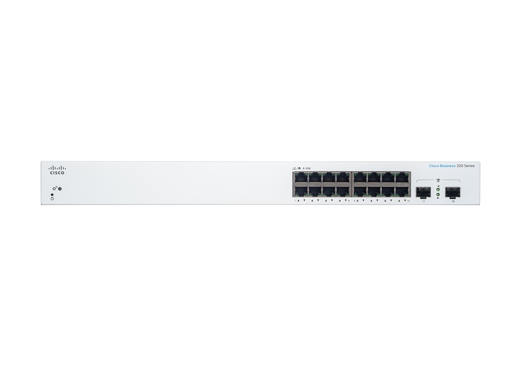 Prepínač Cisco CBS220-16P-2G, 16xGbE RJ45, 2xSFP, bez ventilátora, PoE+, 130W