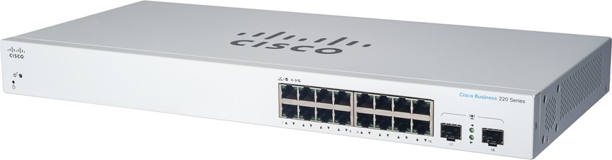 Prepínač Cisco CBS220-16P-2G, 16xGbE RJ45, 2xSFP, bez ventilátora, PoE+, 130W