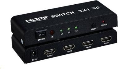 PREMIUMCORD HDMI prepínač 3:1 kovový s diaľkovým ovládaním