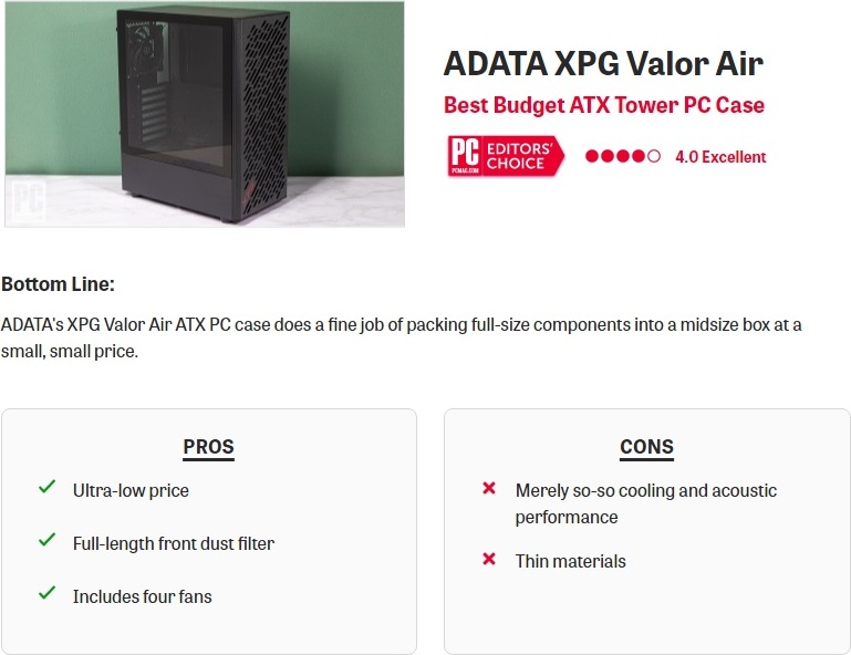ADATA XPG case VALOR AIR Mid-Tower, bez zdroje, 4x 120mm Fan, Černá