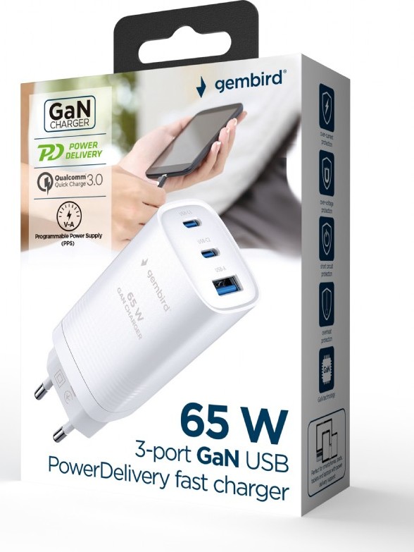 GEMBIRD PD nabíječka 1xUSB-A 2xUSB-C  67W bilá