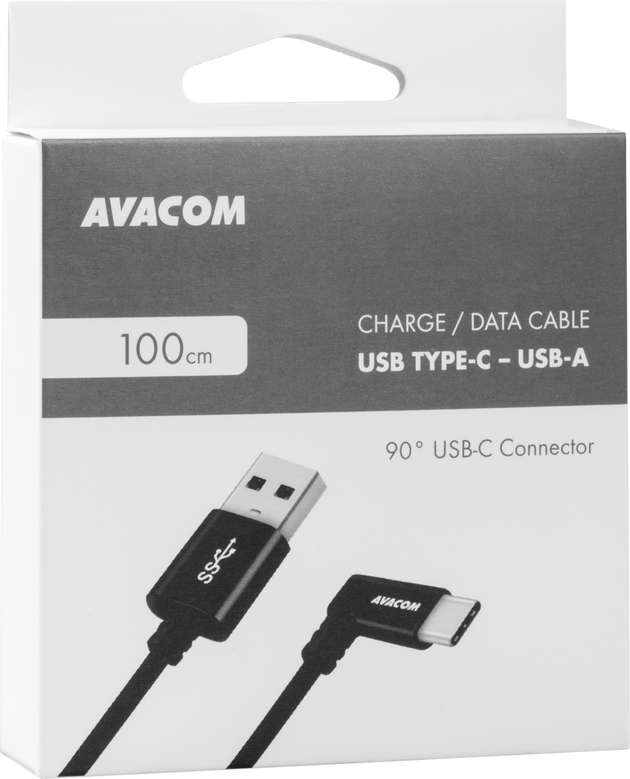 AVACOM Dátový a nabíjací kábel USB - USB Type-C, 100 cm, 90° konektor, čierny