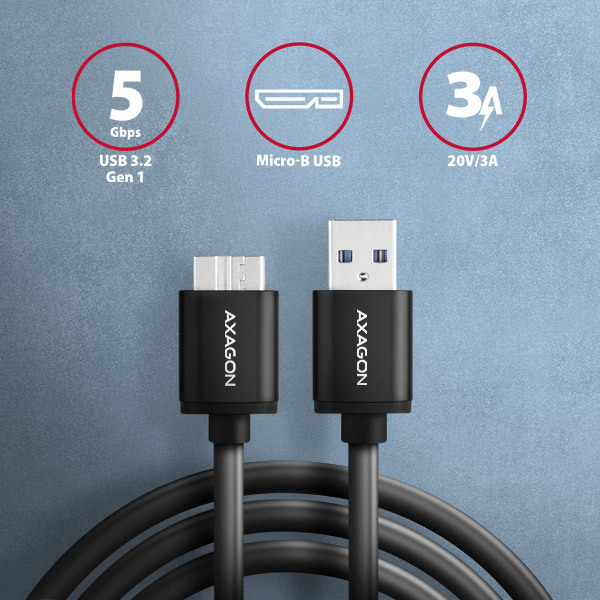 AXAGON BUMM3-AM10AB, SPEED kábel Micro-B USB USB-A, 1 m, USB 3.2 Gen 1, 3A, ALU, tpe, čierna