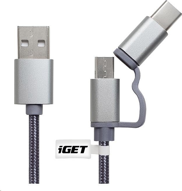 iGET G2V1 USB kábel 2v1, 1 m, strieborný, microUSB a USB-C, predĺžené konce