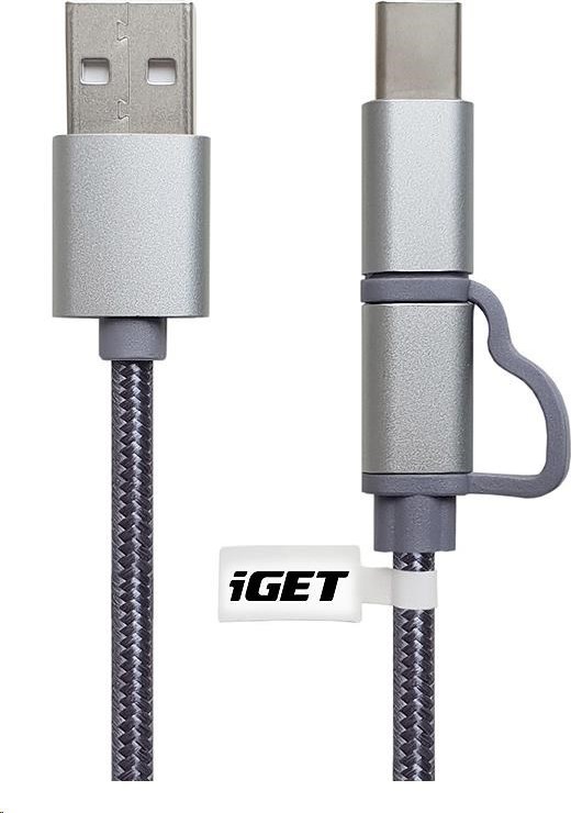 iGET G2V1 USB kábel 2v1, 1 m, strieborný, microUSB a USB-C, predĺžené konce