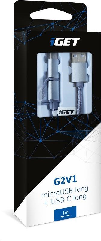 iGET G2V1 USB kábel 2v1, 1 m, strieborný, microUSB a USB-C, predĺžené konce