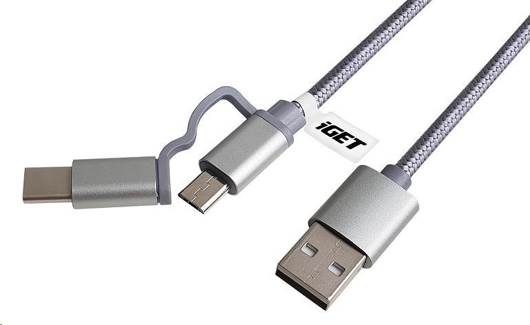 iGET G2V1 USB kábel 2v1, 1 m, strieborný, microUSB a USB-C, predĺžené konce