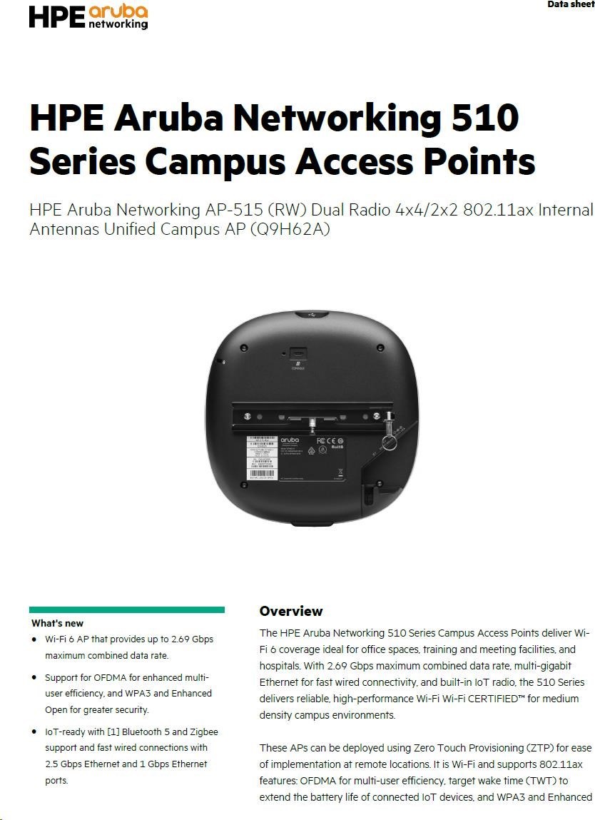 Hewlett Packard Enterprise Aruba AP-515 (RW) Dual Radio 4x4:4 + 2x2:2 802.11ax Internal Antennas Unified Campus AP RENEW Q9H62A