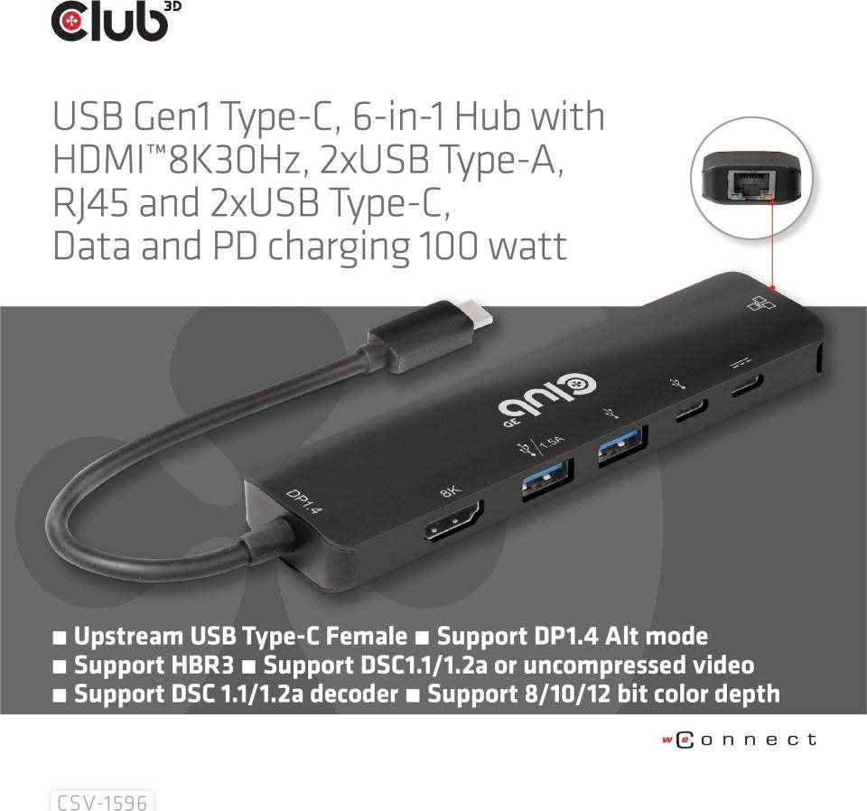 Club 3D Club3D Hub USB-C, rozbočovač 6 v 1 s HDMI 8K30Hz, 2xUSB typu A, RJ45 a 2xUSB typu C, Data a PD nabíjení 100W