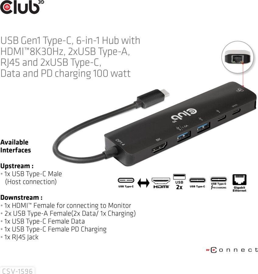 Club 3D Club3D Hub USB-C, rozbočovač 6 v 1 s HDMI 8K30Hz, 2xUSB typu A, RJ45 a 2xUSB typu C, Data a PD nabíjení 100W