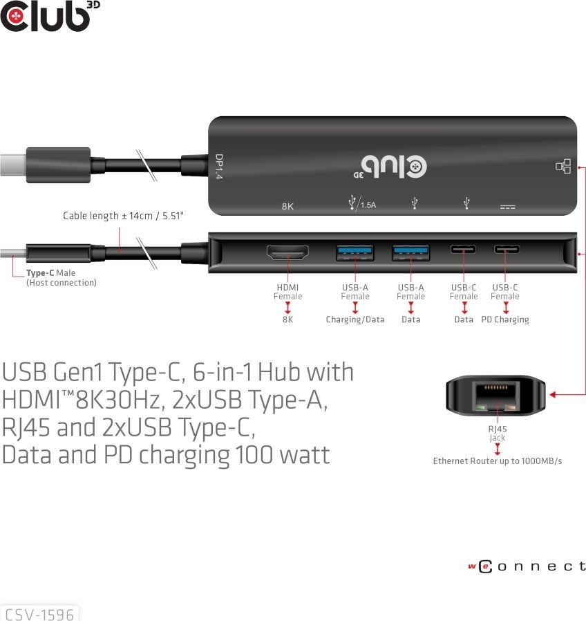 Club 3D Club3D Hub USB-C, rozbočovač 6 v 1 s HDMI 8K30Hz, 2xUSB typu A, RJ45 a 2xUSB typu C, Data a PD nabíjení 100W