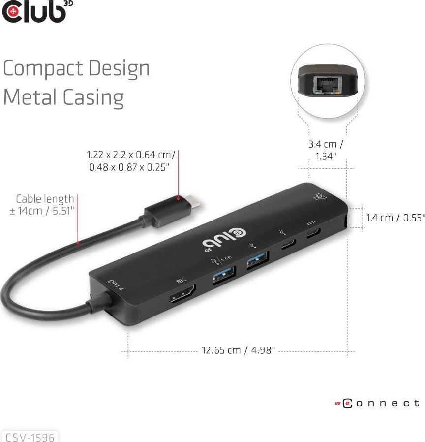 Club 3D Club3D Hub USB-C, rozbočovač 6 v 1 s HDMI 8K30Hz, 2xUSB typu A, RJ45 a 2xUSB typu C, Data a PD nabíjení 100W