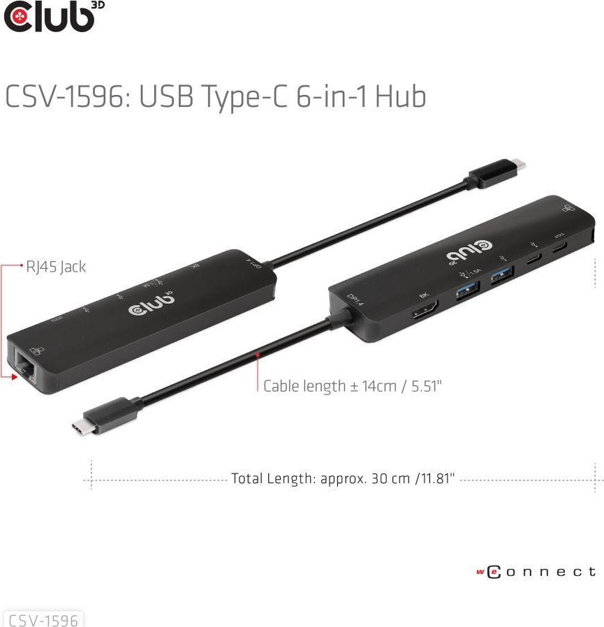 Club 3D Club3D Hub USB-C, rozbočovač 6 v 1 s HDMI 8K30Hz, 2xUSB typu A, RJ45 a 2xUSB typu C, Data a PD nabíjení 100W